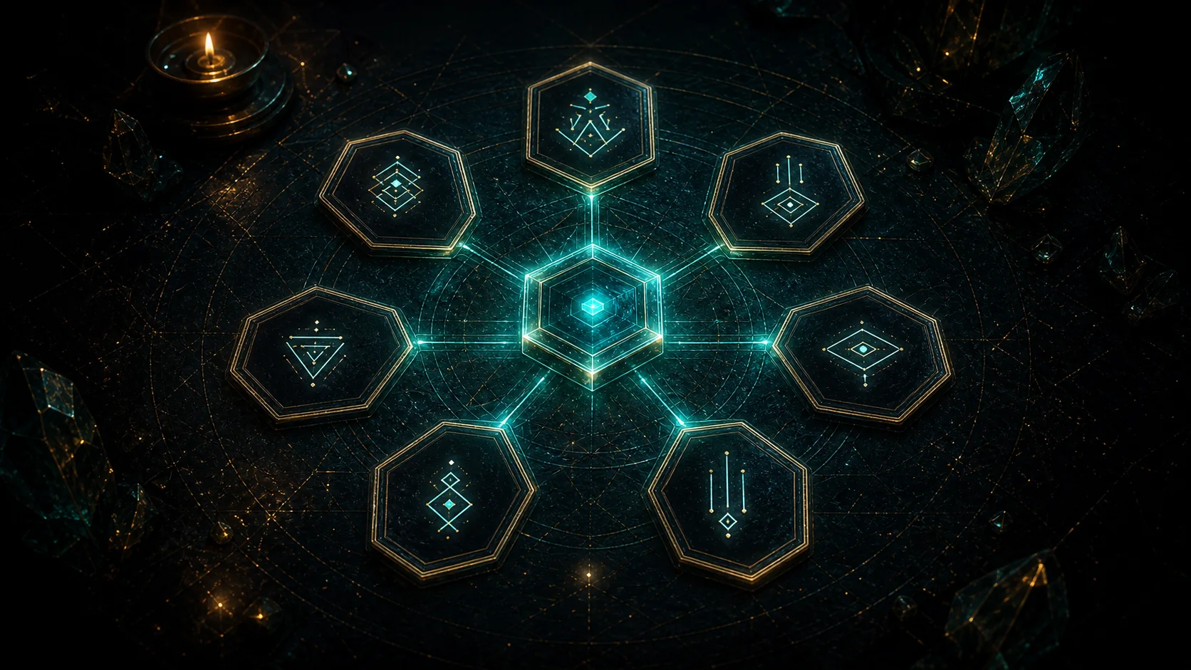 Sieben SoulBlocks-Fragekarten um ein leuchtendes Hexagon